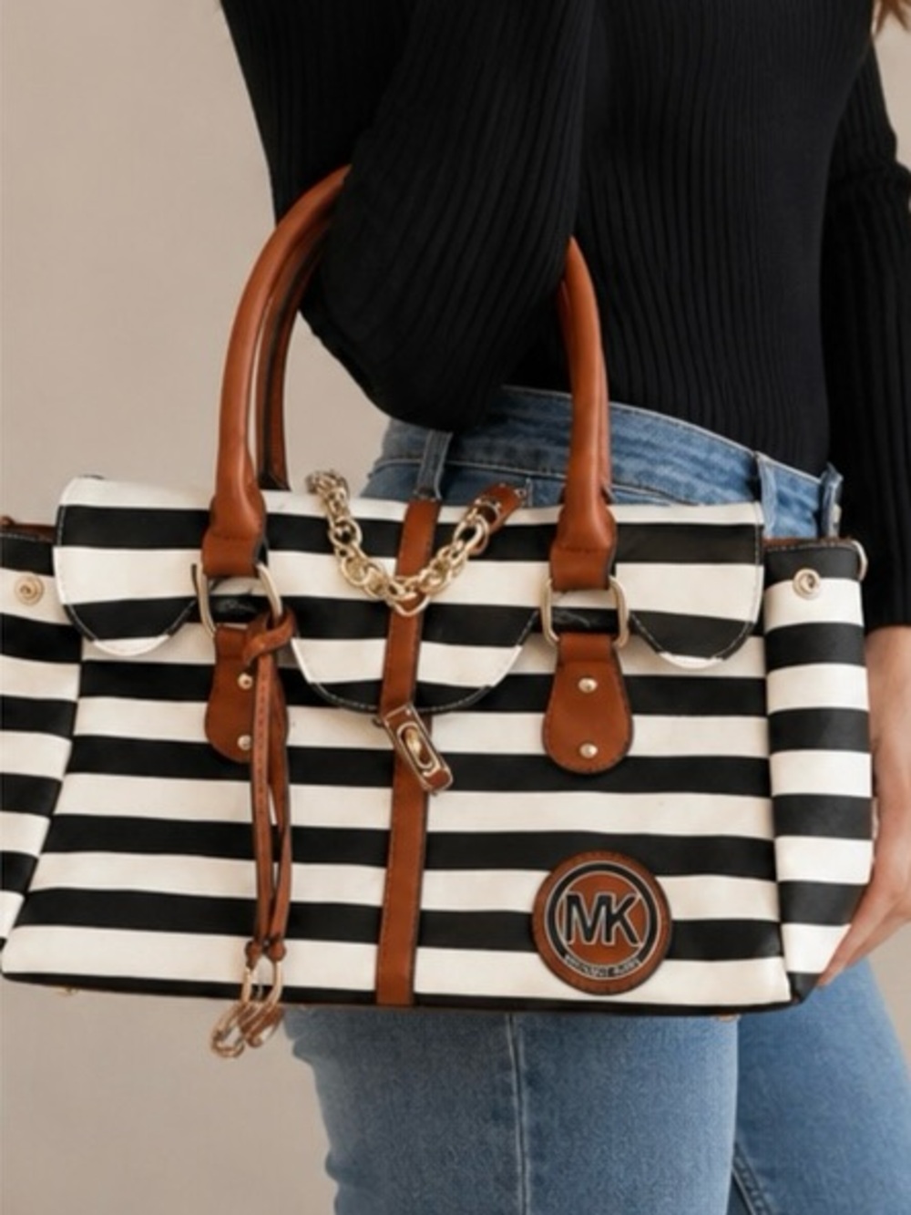 Michael Kors Black and White Striped Tote with Brown Leather Trim